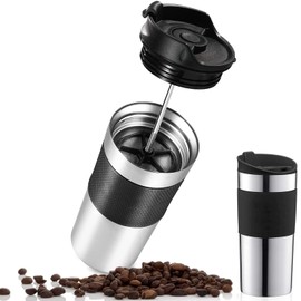VASA NAMA 450ML Taza de Café para LLevar Taza de Viaje, Termo para Café con Prensa Francesa Integrada, Aislada al Vacio Doble pared Termo de Café Portátil Acero, Inoxidable Taza Termo con Tapa a Prueba de Fugas Para Café Té Cerveza (Plata)
