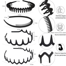 FLOREXIA 8 Pcs Elegante Diadema de Plástico Antideslizante,Unisexo,Diademas para Cabello con Peine y Accesorios Finos para El Cabello para Niños,Niñas y Adolescentes,Negro