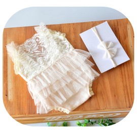 Coberllus Newborn Baby Photo Props Lace Headdress Rompers Outfits for Girls Photography Shoot (Cream)