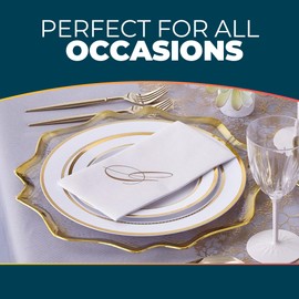 Silver Spoons Elegant Round White with Gold Rim Plastic Dinner Plates - 10.25" (Pack 10) - Perfect for Weddings, Birthdays, and Holiday Events