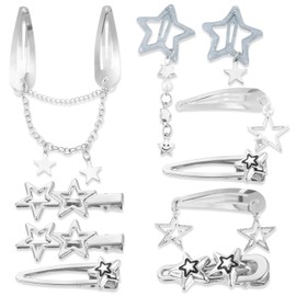 Nogeqi Silver y2k Hair Clip Accessories with Snap Closure, Kawaii Star Y2k Hair Clips, Silver, Retro Cute Y2K Silver Hair Clips, Non-Slip Punk Style for Women Parties Concerts Daily Life, Stainless
