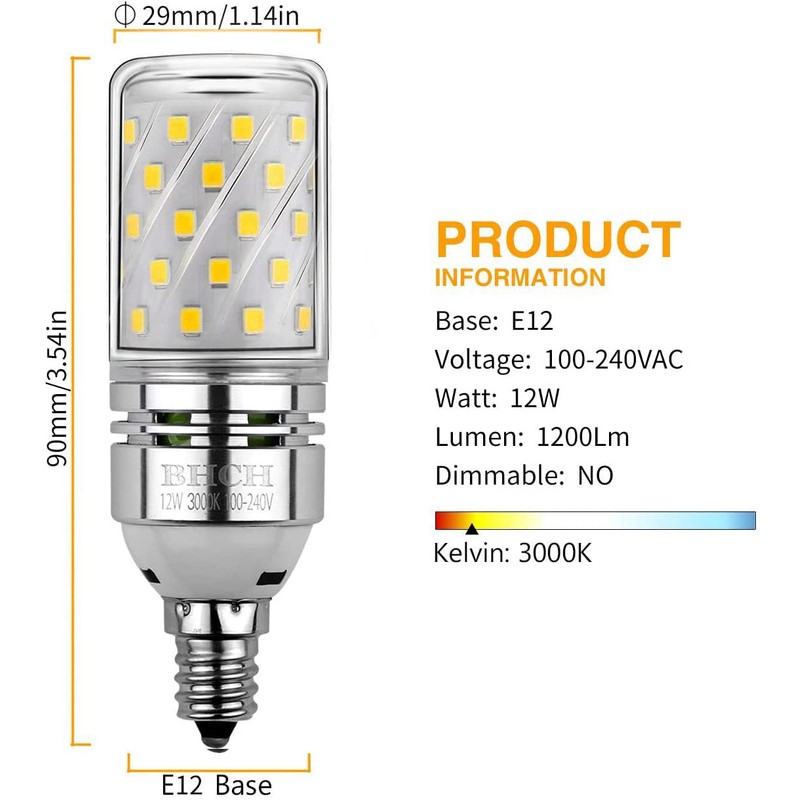 E12 LED Corn Bulbs 12W,3000K Warm White,1200LM,Small Edison Screw Bulbs,100W