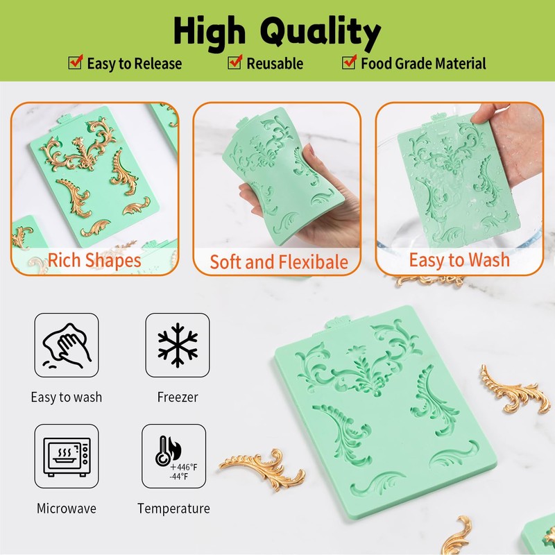 KALAIEN Baroque Silicone Molds Scroll Fondant Molds,1 Pcs Clay Mold