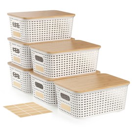 Viphope Small 5 Quart Plastic Storage Bins with Bamboo Lids, Stackable Decorative Storage Baskets Boxes Containers with Label for Organizing Shelves Desktop Closets Office Dorm Classroom, White 6 Pack