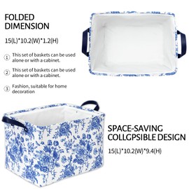 FYSUIMU Blue Floral Storage Basket Vintage Flower Collapsible Canvas Organizer Fabric Storage Bin with Handle for Shelf Closet Home Organizer Decor