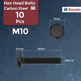 Kozelo 10 Pcs Hex Head Screws Bolts - [M10-1.5x45] Carbon Steel Fully Threaded Hex Tap Metric Hexagon Head Machine Bolts Right Hand External Hex Drive, Black