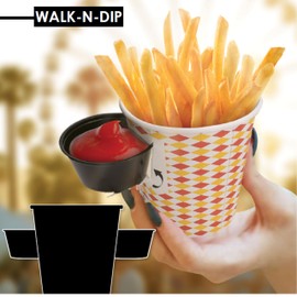 DHG PROFESSIONAL Walk-n-Dip Paper Food Containers with Portion Cups, Disposable Snack Trays for Popcorn, Fries, Nachos, Finger Foods – Yellow, 16oz, 100 Pack