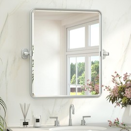 Keonjinn Satin Nickel Pivot Mirror Bathroom, 20"x24" Tilt Mirror Bathroom for Over Sink, Silver Rounded Corner Beveled Bathroom Mirror, Modern Metal Framed Vanity Mirrors (Horizontal/Vertical)