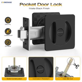 2 Pack Pocket Door Lock, Gold Pocket Door Latch, Interior Pocket Door Hardware, Privacy Function, Recessed Door Knob Without Key, Universal for Left/Right Opened Doors, Modern Square Hardware