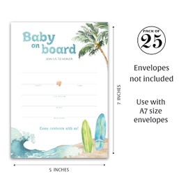 Baby on Board Invitations — Pack of 25 — Surf Beach Theme Baby Shower Invites Blank Fill-in Summer Baby Shower Invitation, Rustic Blue Ocean Surfing, Couples Shower Co-ed Shower Coed I940-INV1