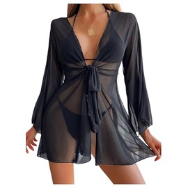 SHENHE Women's Kimono Swimsuit Coverups Long Sleeve Tie Front Sheer Beach Cardigan Cover Up Black X-Large