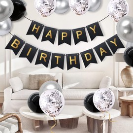 Balloons Birthday Decoration Set, Black Silver Birthday Decoration Happy Birthday Decoration Banner Party Decoration Birthday Set with Silver Balloons Confetti Balloons Triangle Flags Garlands (BK +