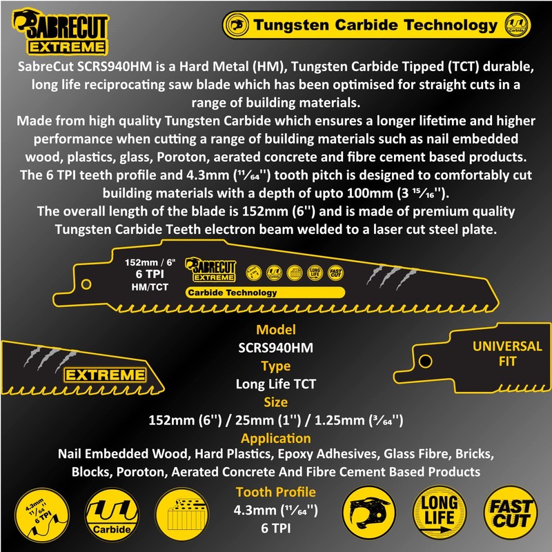 3 x SabreCut SCRS940HM_3 Tungsten Carbide 152mm 6 TPI S940HM