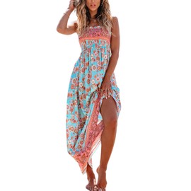 CUPSHE Women's Maxi Dress Ditsy Floral Smocked Summer Sundress Sleeveless Ruffled Spaghetti Straps Long Beach Formal Dress Mint Floral, XXL