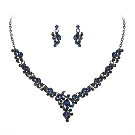 Crysdue Bridal Jewelry Set for Women, Floral Leaf Rhinestone Cluster Statement Necklace Chandelier Dangle Earrings for Wedding Prom Party Sapphire Black-Tone