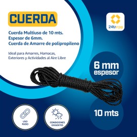 24tarpp SOGA 6MM Cuerda Uso RUDO Cordon Lazo para Instalar Malla Sombra SOGA para INSTALACION DE Lonas Y TOLDOS Cuerda para Amarre Multiusos Negra 6MM 10Mts