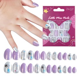 Kids Press on Nails Almond Short Fake Nails Purple Glitter False Nails Starburst Pattern Adhesive Acrylic Artificial Nails for Children Manicure Supplies 24 Pcs