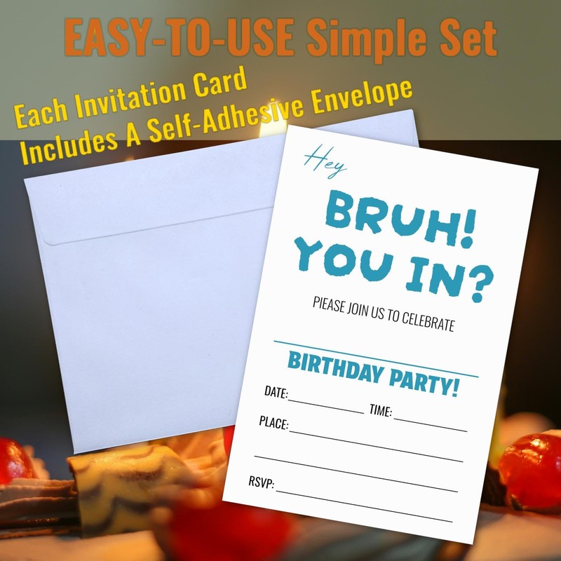 WENFLY Hey Bruh You In Birthday Party Invitations, Minimalist Blue-Style