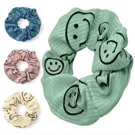 Happy Face Series Large Corduroy Hair Scrunchies for Women and Girls – 4PCS Cute Fabric Hair Ties, Thick Elastic No Damage No Crease Ponytail Holders, Soft Hair Accessories (Classic)