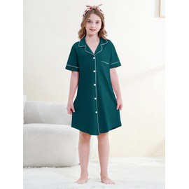 Umeyda 100% Cotton Nightgown Button Down Short Sleeve Sleepwear Nightshirt Dress, Dark Green, 9-10Y