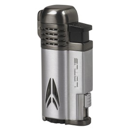 Lotus Defiant Cigar Lighter with Quad Pinpoint Torch Flames, Single Action Ignition, All Metal Housing, Retractable 10 mm Cigar Punch, Large Flame Adjuster (Chrome & Dark Gunmetal)