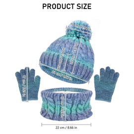 Mayoii Kids Hat Scarf Gloves Set – 3-in-1 Winter Knitted Hat Scarf and Gloves Set for Kids with Pom Pom Beanie, Neck Warmer & Mittens for Boys Girls Aged 3–10 (Gradient blue green)