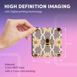 Destination Vinyl ltd Great Coasters (Set of 4) Square - Art Deco Bumble Bee Flower Drink Glossy Coasters/Tabletop Protection for Any Table Type #2139