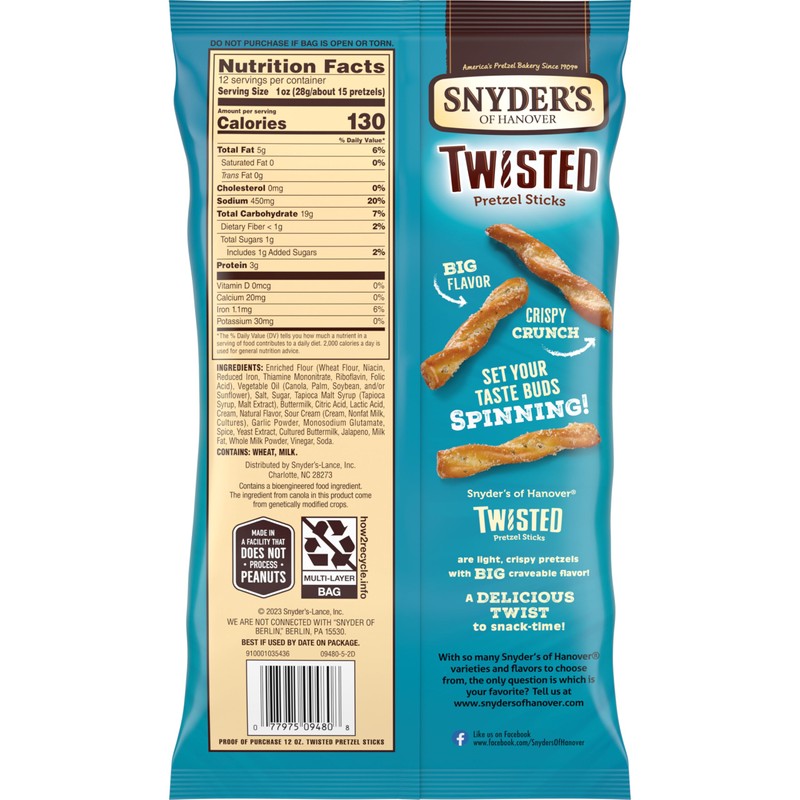 Snyder's of Hanover Jalapeño Ranch Flavored Twisted Pretzel Sticks, 12