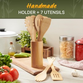 Bamboo Utensils 7 PCs with Holder – Bamboo Cooking Utensils Set + Holder for Nonstick – Wooden Spoon Sets for Cooking – Easy to Clean, Sturdy, Lightweight & Heat Resistant