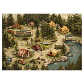 Vintage Forest Camping Puzzle for Adults 1000 Pieces, Rv Outdoor Lake Scenic Jigsaw Puzzles, Cozy Nature Family Campsite Puzzle