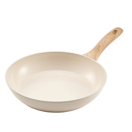 Aluminum Skillet Set 8 9.5 11 In Beige Pre Seasoned Ceramic Non Stick Wood Handle For Gas Induction CookwareProduct Size: 8-9.5-11 inches, Style: Aluminum Skillet-Beige