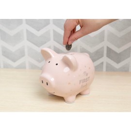 Kate & Milo Mini Ceramic Piggy Bank, Newborn Nursery Décor, Baby Girl Keepsake Gift, My First Bank, Pink Rainbows and Stars