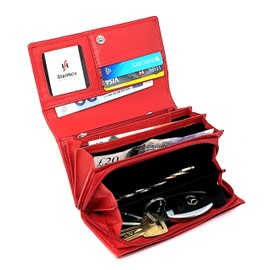 STARHIDE Ladies RFID Long Clutch Wallet Soft Genuine Leather Flap Over Women Purse Credit Cardholder, ID Money & Coin Organizer 5510 (Red)