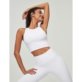 Ewedoos Longline Sports Bras for Women High Neck Racerback Sports Bra Padded Workout Crop Tank Tops with Built in Bra White