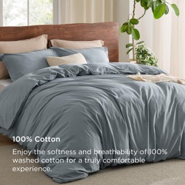 Bedsure 100% Washed Cotton Duvet Cover Queen - Grey Blue Minimalist Cotton Duvet Cover Set Linen Like - 3 Pieces Plain Simple Cotton Duvet Cover Set with 2 Pillow Shams (Grayish Blue, Queen, 90"x90")