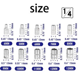 10 Pcs 1/4”Drive Metric Deep Socket Set,4-13mm Sockets Metric SAE Mechanic Tool Drive Socket.