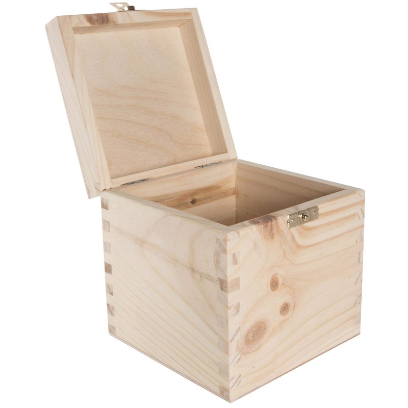 Small Square Cube Wooden Box with Lid & Clasp Closure