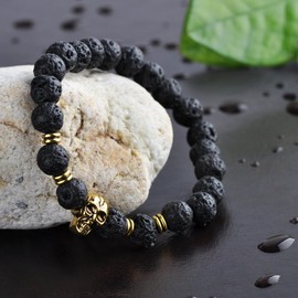 Infinite U Cool Unisex Womens Mens Skull Bracelet 9mm Beads Wrist Mala Alloy Lava Stone Stretch Bracelet, Therapy Yoga Meditation, Black-Gold