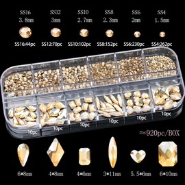 Unikato Rhinestone Nail Stones, Nail Parts, Stone for Nails, 3D Flat Diamond, Heart, Rectangle, Round, Nail Art Parts, Crystal AB Rhinestone (Champagne)