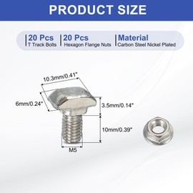 PATIKIL M5 x 12 mm T-Slot Bolts, 20 Sets Drop-in Bolt Hammer Head with Hexagon Flange Nuts T-Bolt Stud Sliding Screw for 20 Series Aluminum Extrusion Profile, Silver