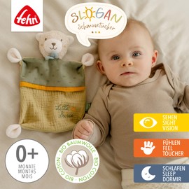 Fehn Cuddly Blanket Bear "Prince" - Playmate & Stuffed Toy Comforter with Cotton from Controlled Organic Cultivation with Individually Embroidered Slogan - for Babies and Toddlers from Birth