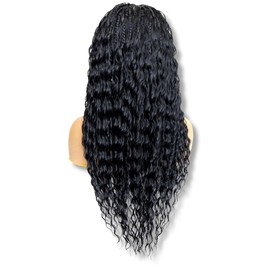 PIB Full Lace Braid Wig - Micro Box Braided Wig with Peruvian Deep Wave - Knotless Braids for Black Women - Single Lace Front Wig - Boho Style Curly Hair Wig (#1 Jet Black, 24 Inch)