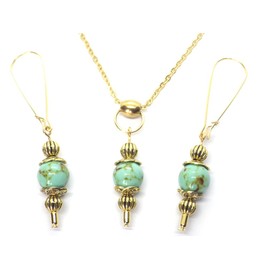 Vintage style stainless steel women's choker necklace and earrings jewelry set with blue bonded turquoise pendant