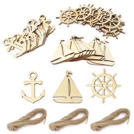 yueton 36PCS 3 Styles Nautical Themed Unfinished Wood Cutouts Wood Slices Wood Chips, Sailboat Rudder Anchor Wooden Cutouts, Wooden Hanging Ornaments, with 30 Meters Hemp Ropes