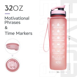 Elvira 32oz Large Water Bottle with Motivational Time Marker & Removable Strainer,Fast Flow BPA Free Non-Toxic for Fitness, Gym and Outdoor Sports-Light Pink