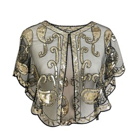 changyexi Sequin Shawl Cape for Women Formal,Black, Mesh Evening Wrap,1920s Art Lace Deco Beaded Capelet, Formal Cover Up (Black gold)