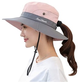 Caysep Women's Sun Hat with Ponytail-Hole Outdoor Mesh Wide-Brim Beach Fishing Hat UV-Protection-Foldable Bucket Hat (as8, Alpha, one_Size, Pink, Medium)