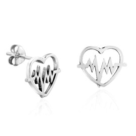 AeraVida Trendy Love Inspired Heartbeat in a Heart Sterling Silver Stud Earrings | Minimalist Sterling Silver Stud Earrings for women | Heart Stud Earrings | Casual Stud Earrings