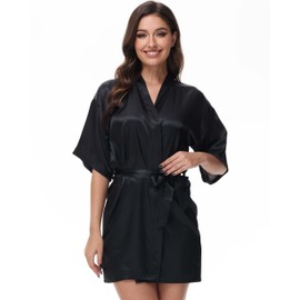 Starblazia Women's Satin Robe Dressing Gown Summer Silk Bridesmaids Robe Oblique V-Neck Short Style Bridal Dressing Gown for Women,XXL,Black