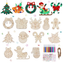 Maxmoc Wooden Christmas Tree Decorations Wood for Painting, Pack of 24 Christmas Pendants Wood with 12 Watercolour Pencils, 4 Glitter Stones and Jute Rope for DIY Crafts, Christmas Tree Pendant